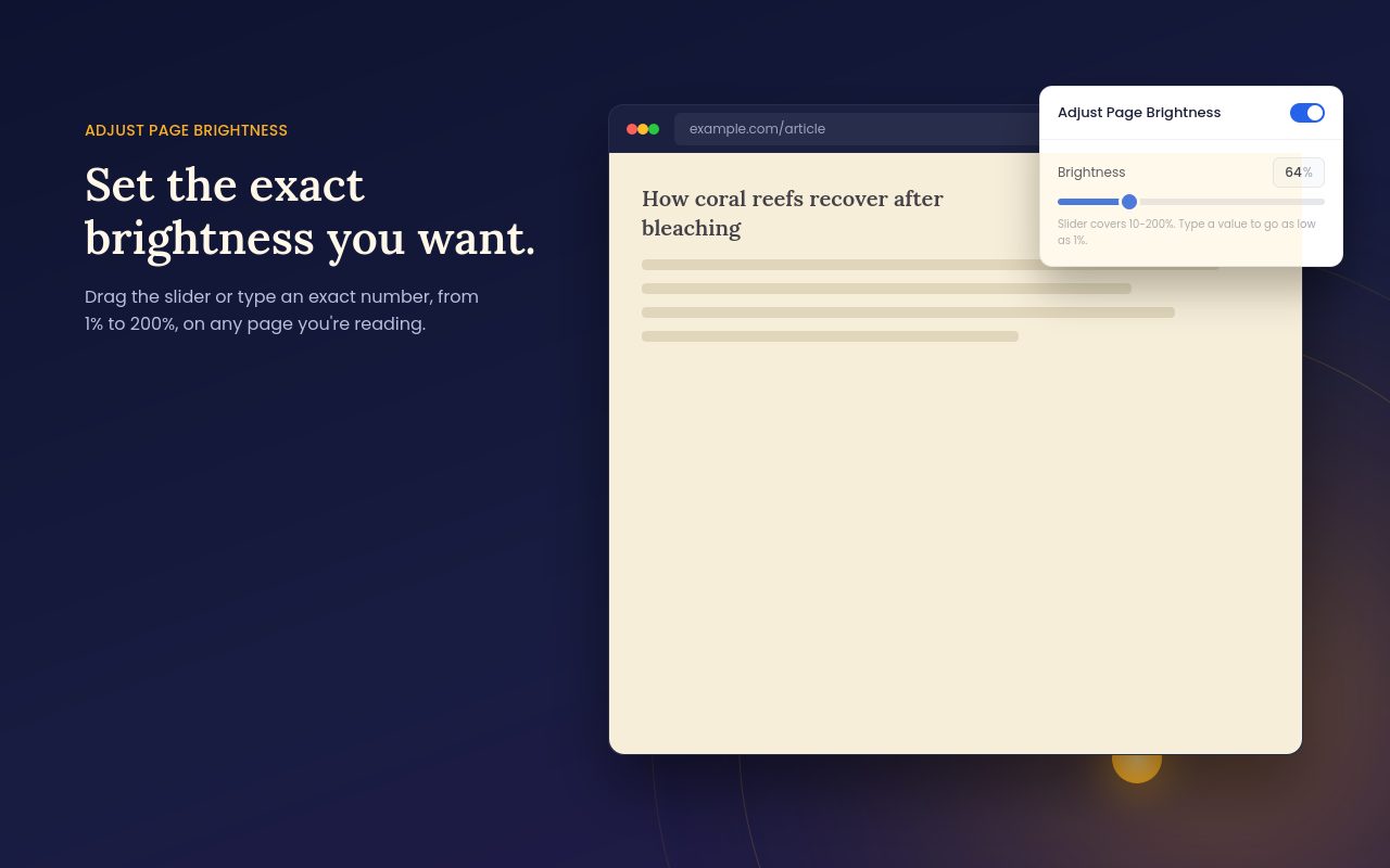 Adjust Page Brightness popup showing the brightness slider set to 64 percent