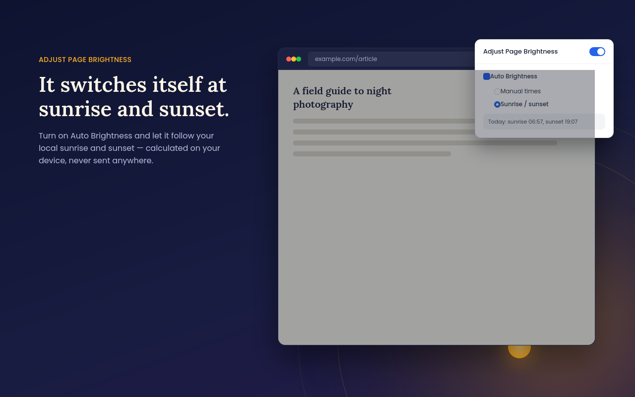 Auto Brightness set to sunrise and sunset mode, showing today's computed times